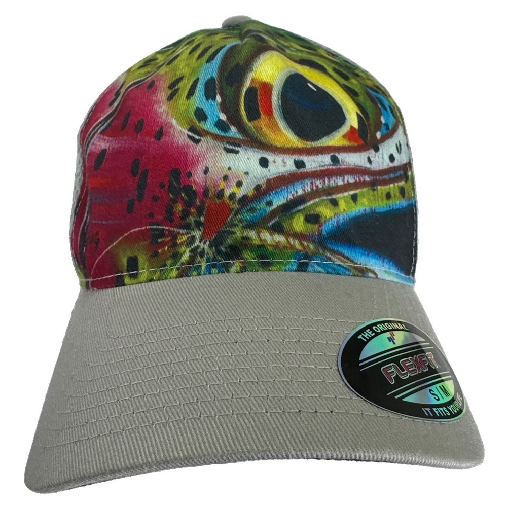Simms Fishing DeYoung Rainbow Trout Flexfit Trucker Hat S/M Gray NWT